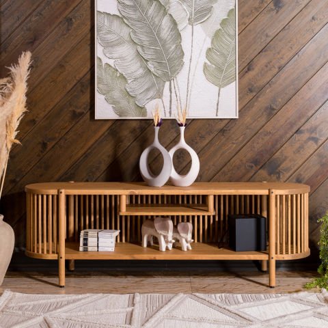 Lathe Açık Raflı Ahşap TV Ünitesi 173×57×39 cm | Masif Çam