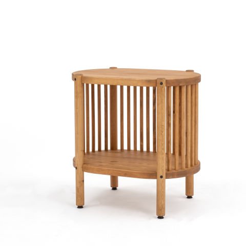 Lathe Doğal Ahşap Yan Sehpa 57×57×39 cm | Oval Çıtalı Modern