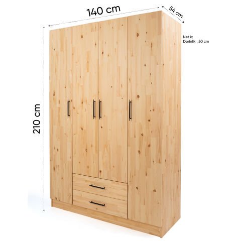 Solid 4 Kapaklı Doğal Ahşap Gardırop Doğal Ahşap - Yükseklik: 180cm - Budaklı
