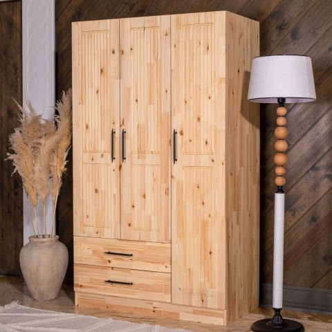 Classy 3 Kapaklı Dikey Çizgili Doğal Ahşap Gardırop Doğal Ahşap - Yükseklik: 180cm - Budaklı