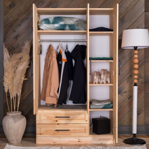 Classy 3 Kapaklı Dikey Çizgili Doğal Ahşap Gardırop Doğal Ahşap - Yükseklik: 180cm - Budaklı