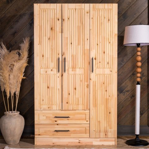 Classy 3 Kapaklı Dikey Çizgili Doğal Ahşap Gardırop Doğal Ahşap - Yükseklik: 210cm - Budaklı